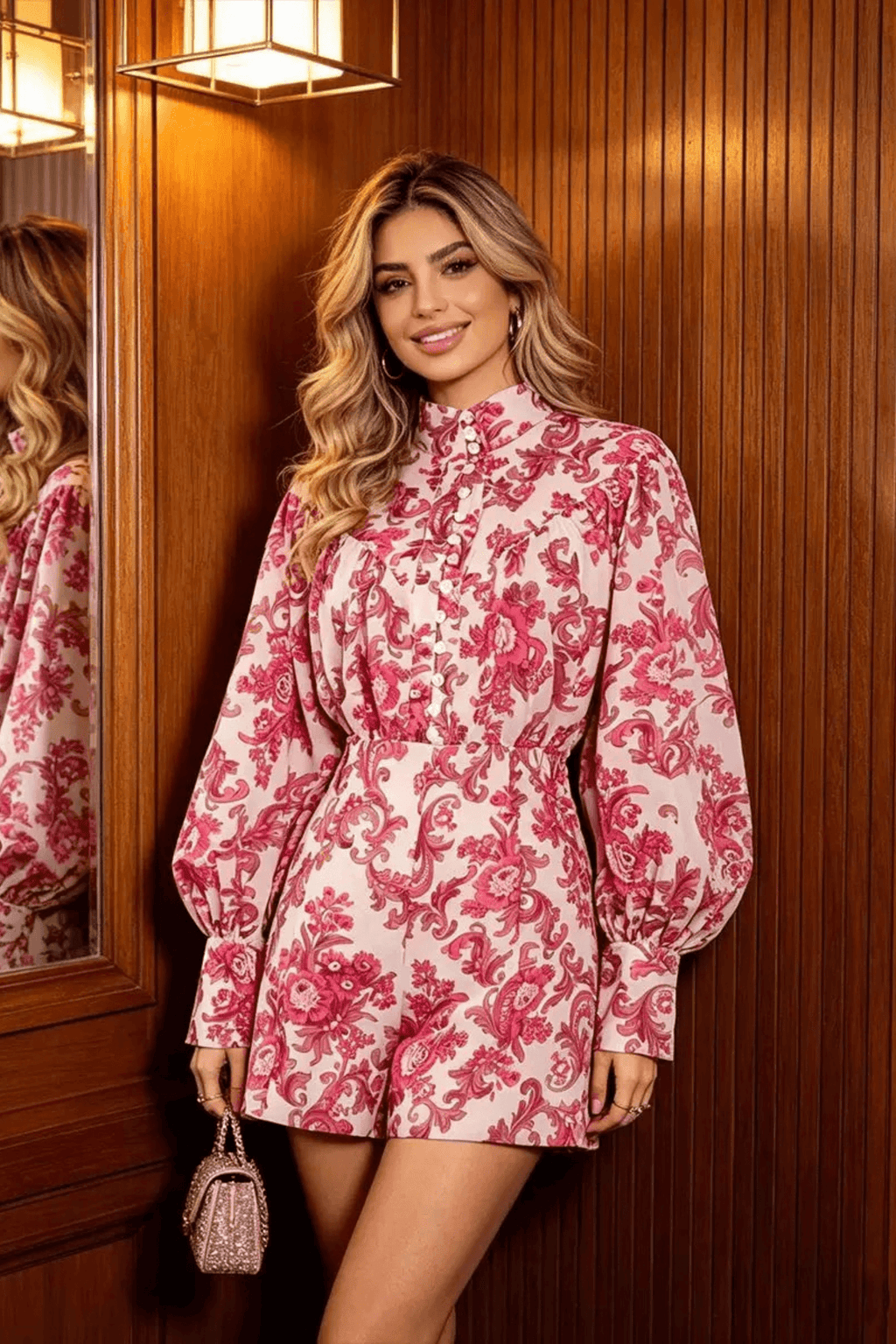 Karen Pink Floral Puff Sleeve Pants Set Avalabel