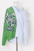Zoey Asymmetric Spliced Floral Knit Off Shoulder Shirt Avalabel