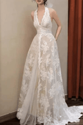 Zona White Lace Halter Deep V A‑Line Wedding Dress Avalabel