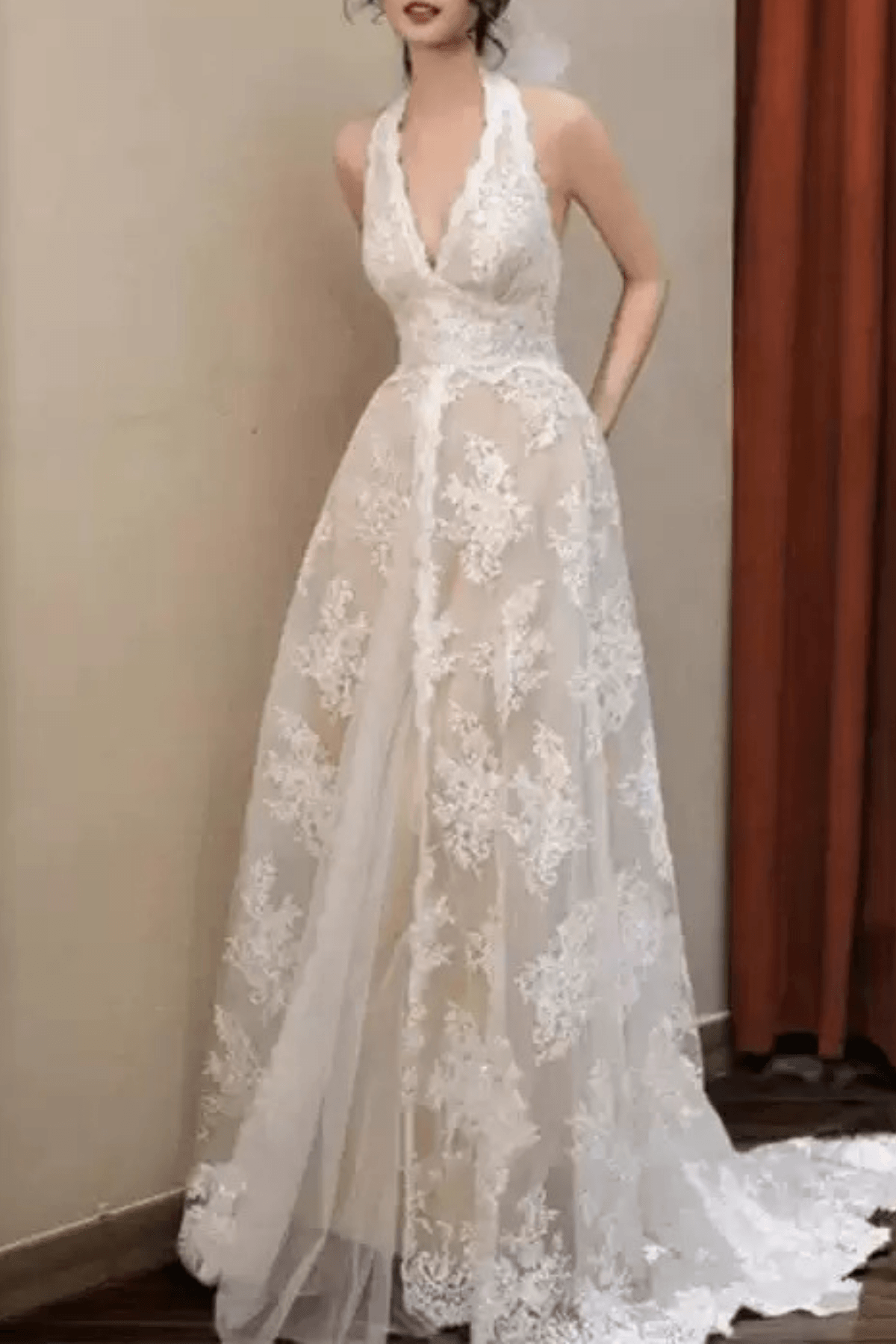 Zona White Lace Halter Deep V A‑Line Wedding Dress Avalabel