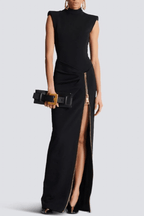 Zoey Black High Neck Zip Slit Evening Dress Avalabel
