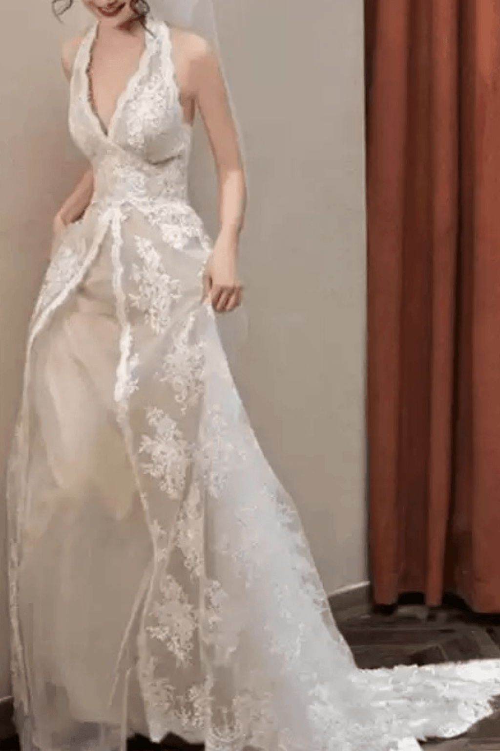 Zona White Lace Halter Deep V A‑Line Wedding Dress Avalabel