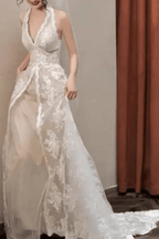 Zona White Lace Halter Deep V A‑Line Wedding Dress Avalabel