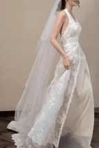 Zona White Lace Halter Deep V A‑Line Wedding Dress Avalabel