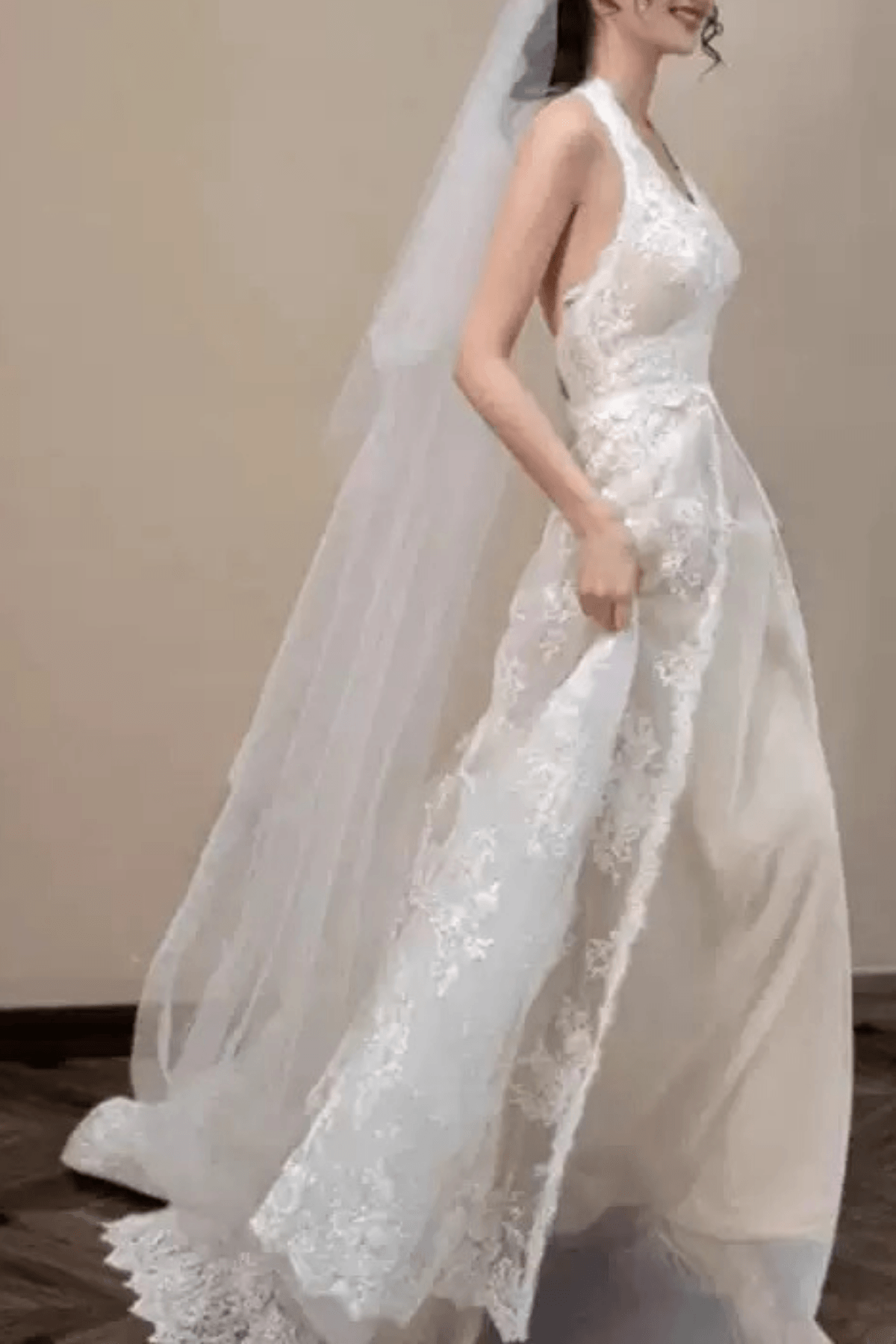 Zona White Lace Halter Deep V A‑Line Wedding Dress Avalabel