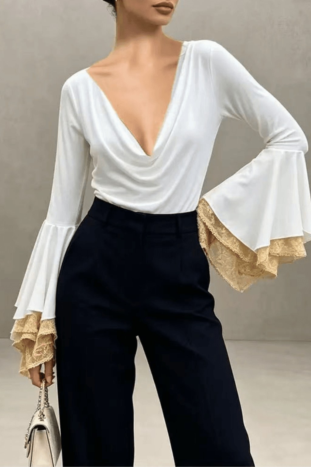Aria Cowl Neck Layered Lace Flare Long Sleeve Top Avalabel