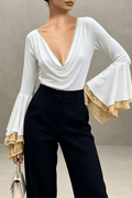 Aria Cowl Neck Layered Lace Flare Long Sleeve Top Avalabel