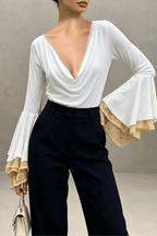 Aria Cowl Neck Layered Lace Flare Long Sleeve Top Avalabel