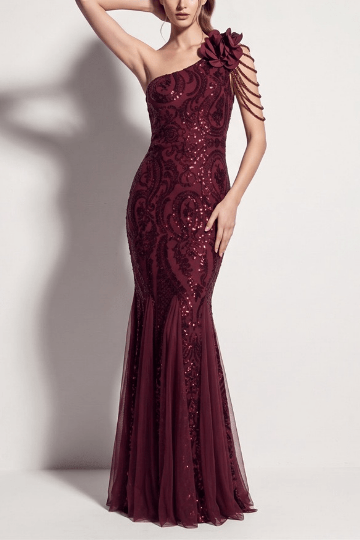 Adora One Shoulder Burgundy Mermaid Maxi Dress Avalabel