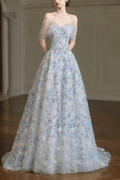 Shirley Off‑Shoulder Light Blue Floral Tulle Dress Avalabel