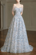 Shirley Off‑Shoulder Light Blue Floral Tulle Dress Avalabel