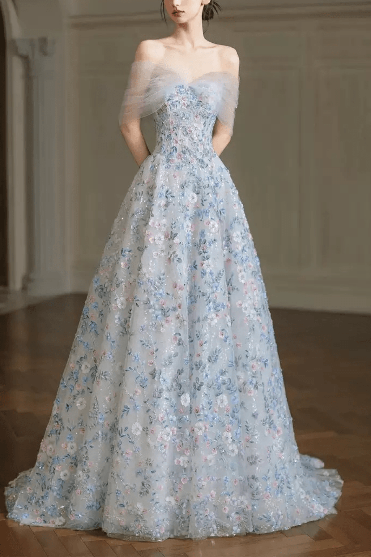 Shirley Off‑Shoulder Light Blue Floral Tulle Dress Avalabel