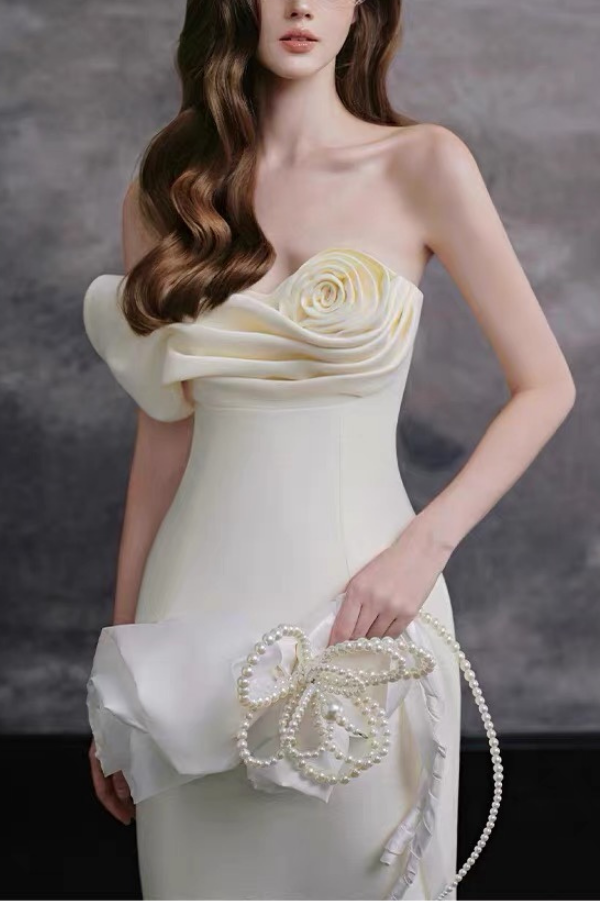 Mary Floral Strapless Satin White Dress Avalabel