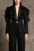 Amie Black Ruffled Satin Lapel Tailored Blazer Avalabel