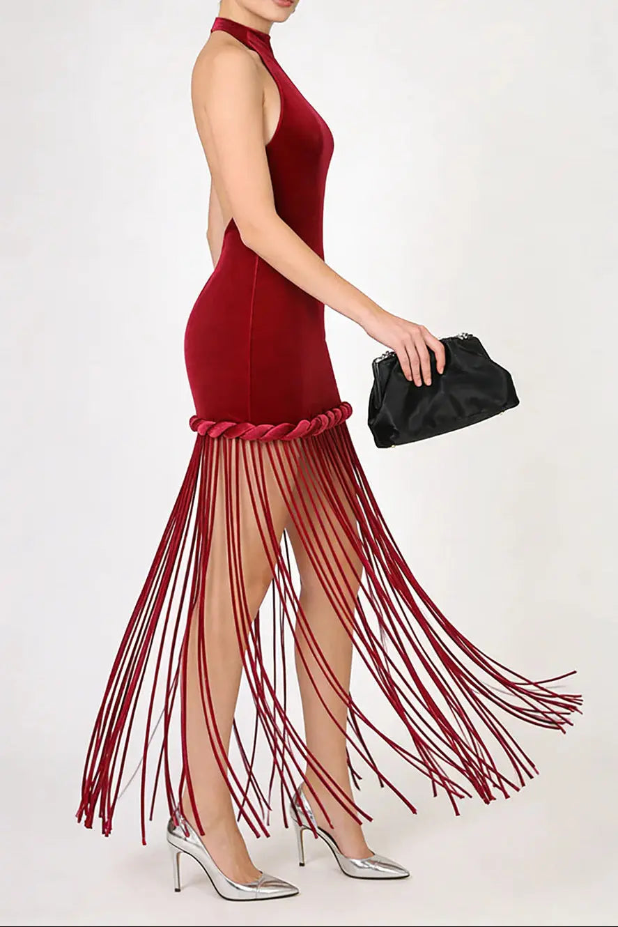 michaelia halterneck Fringe Velvet Dress in Burgundy Avalabel