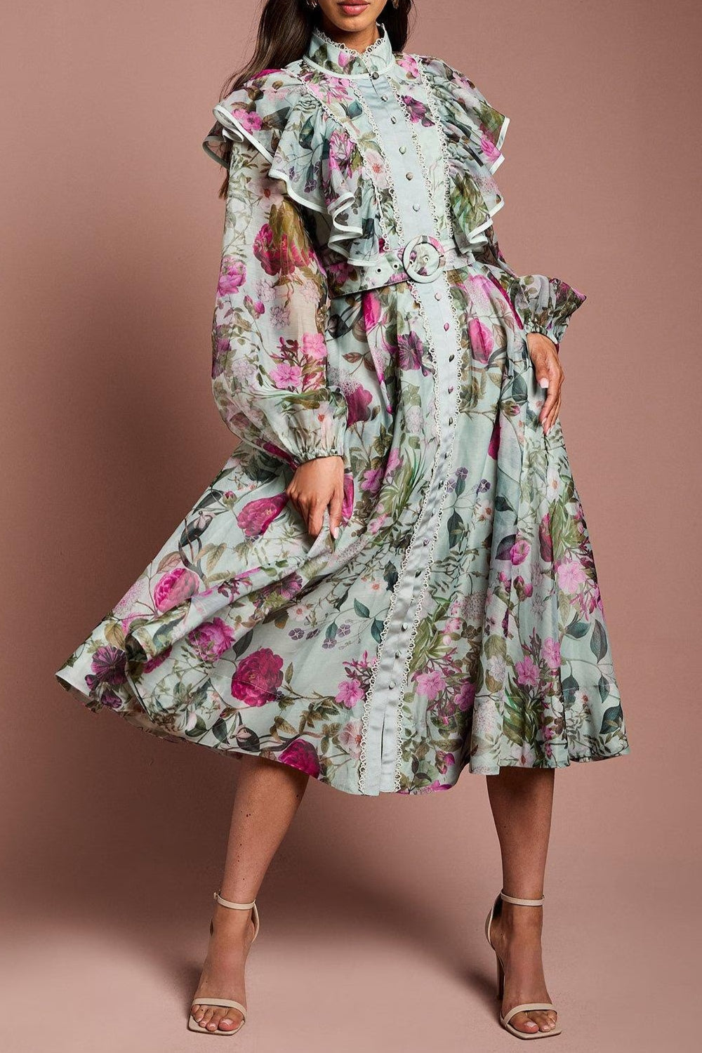 Green Long Sleeve Printed Organza Shirt Midi Dress Avalabel