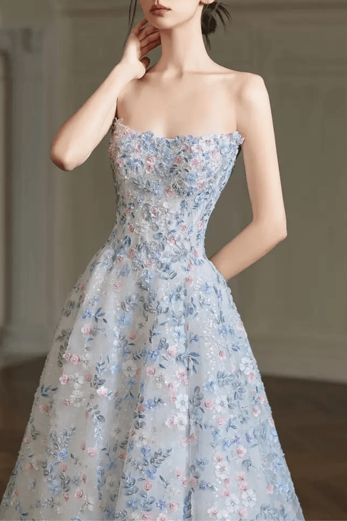 Shirley Off‑Shoulder Light Blue Floral Tulle Dress Avalabel