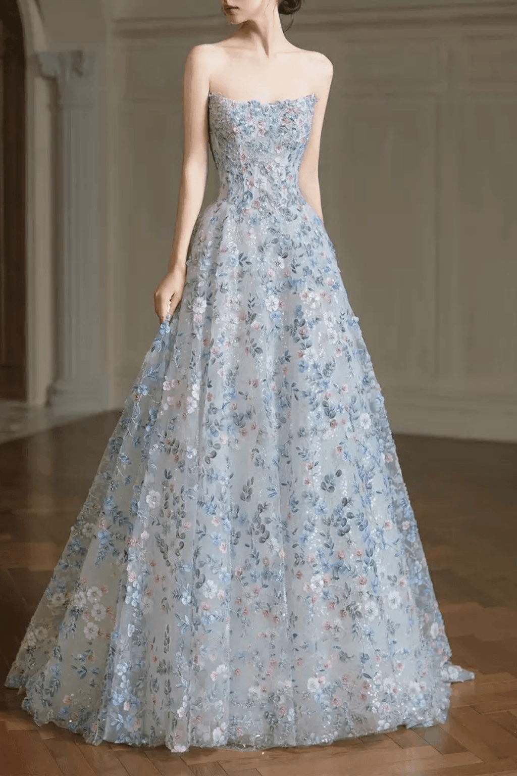 Shirley Off‑Shoulder Light Blue Floral Tulle Dress Avalabel