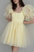 Elara Yellow Puff Sleeve Tulle Mini Dress Avalabel