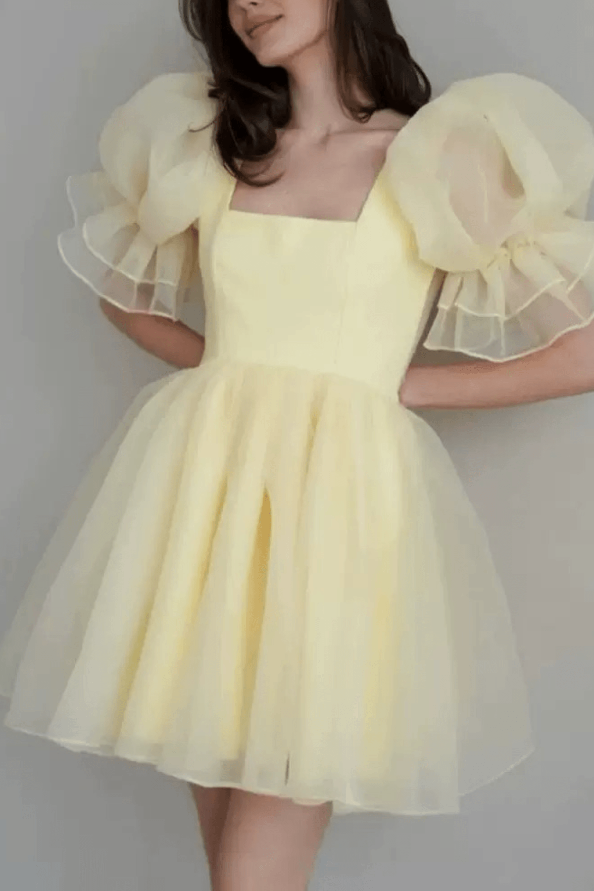 Elara Yellow Puff Sleeve Tulle Mini Dress Avalabel