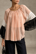 Nola Pink Bell Sleeve Drawstring Neck Sheer Blouse Avalabel
