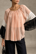Nola Pink Bell Sleeve Drawstring Neck Sheer Blouse Avalabel