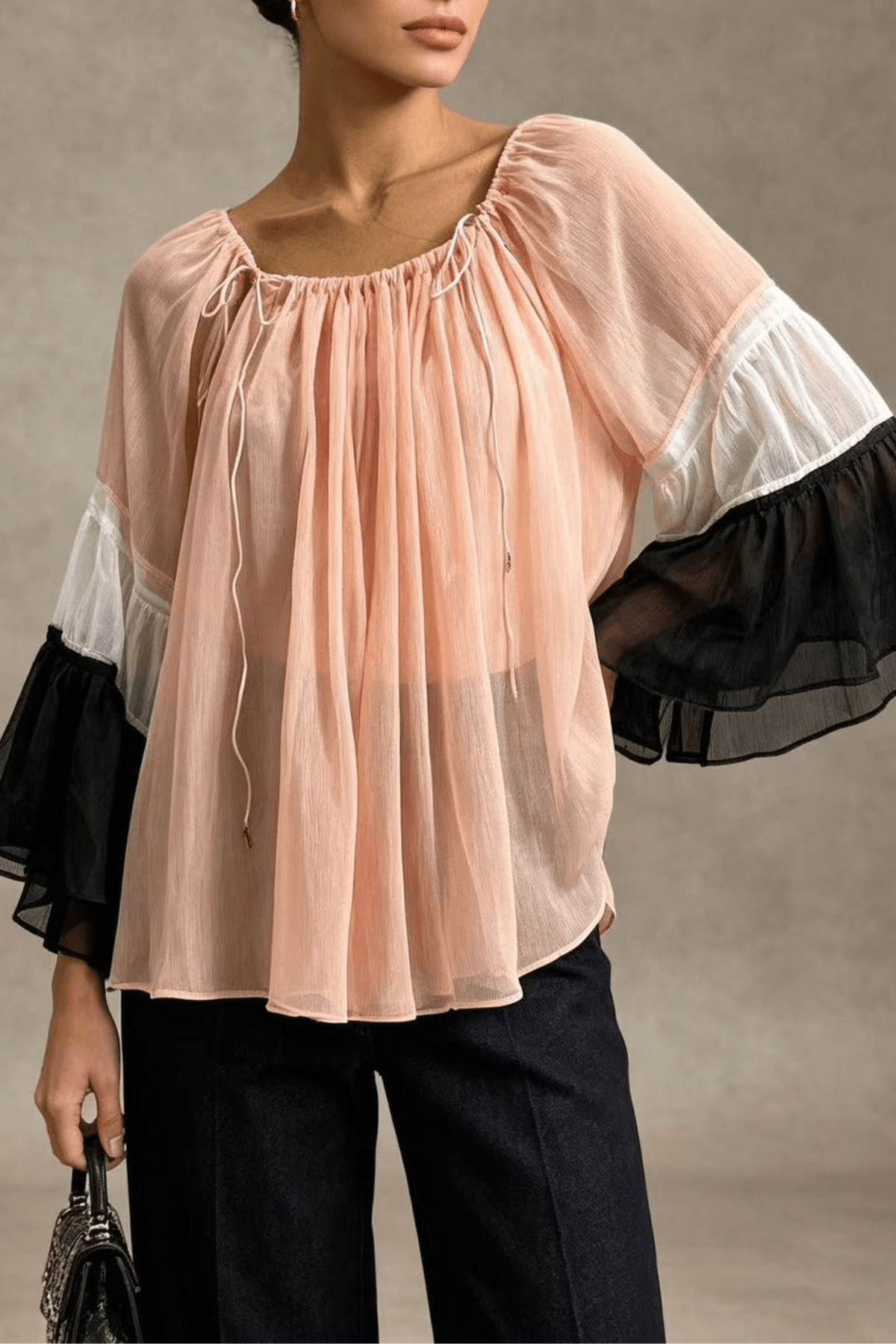 Nola Pink Bell Sleeve Drawstring Neck Sheer Blouse Avalabel