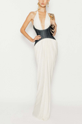 Halter Deep V Denim Corset White Pleated Chiffon Mermaid Dress Avalabel