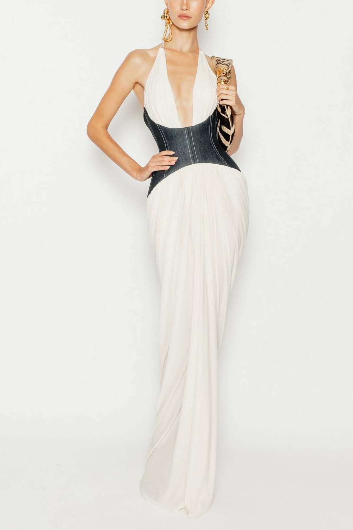 Halter Deep V Denim Corset White Pleated Chiffon Mermaid Dress Avalabel