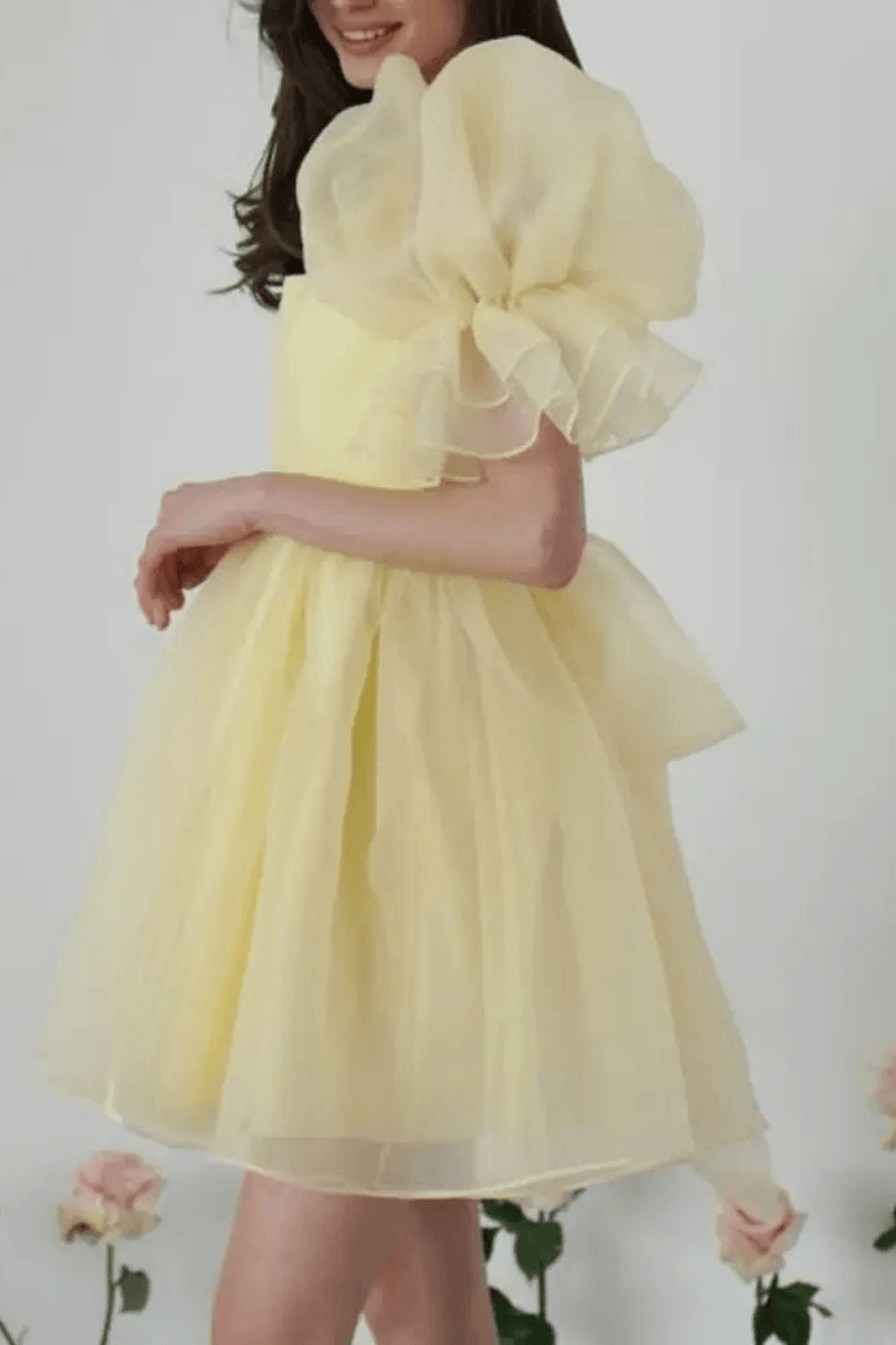 Elara Yellow Puff Sleeve Tulle Mini Dress Avalabel