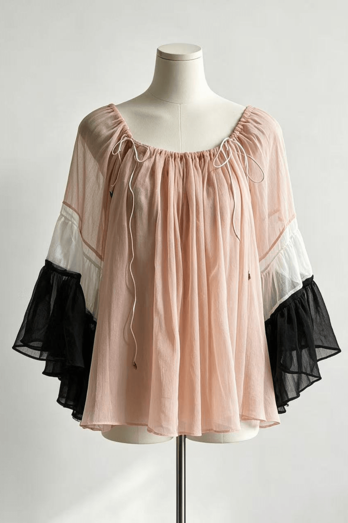 Nola Pink Bell Sleeve Drawstring Neck Sheer Blouse Avalabel