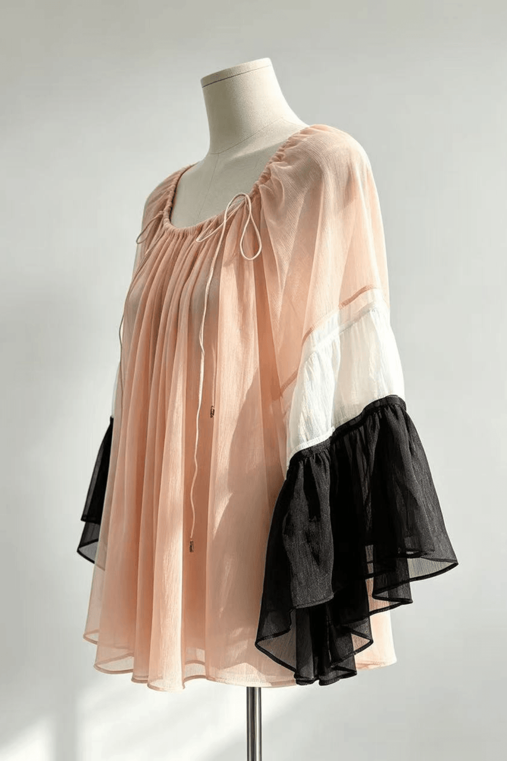 Nola Pink Bell Sleeve Drawstring Neck Sheer Blouse Avalabel