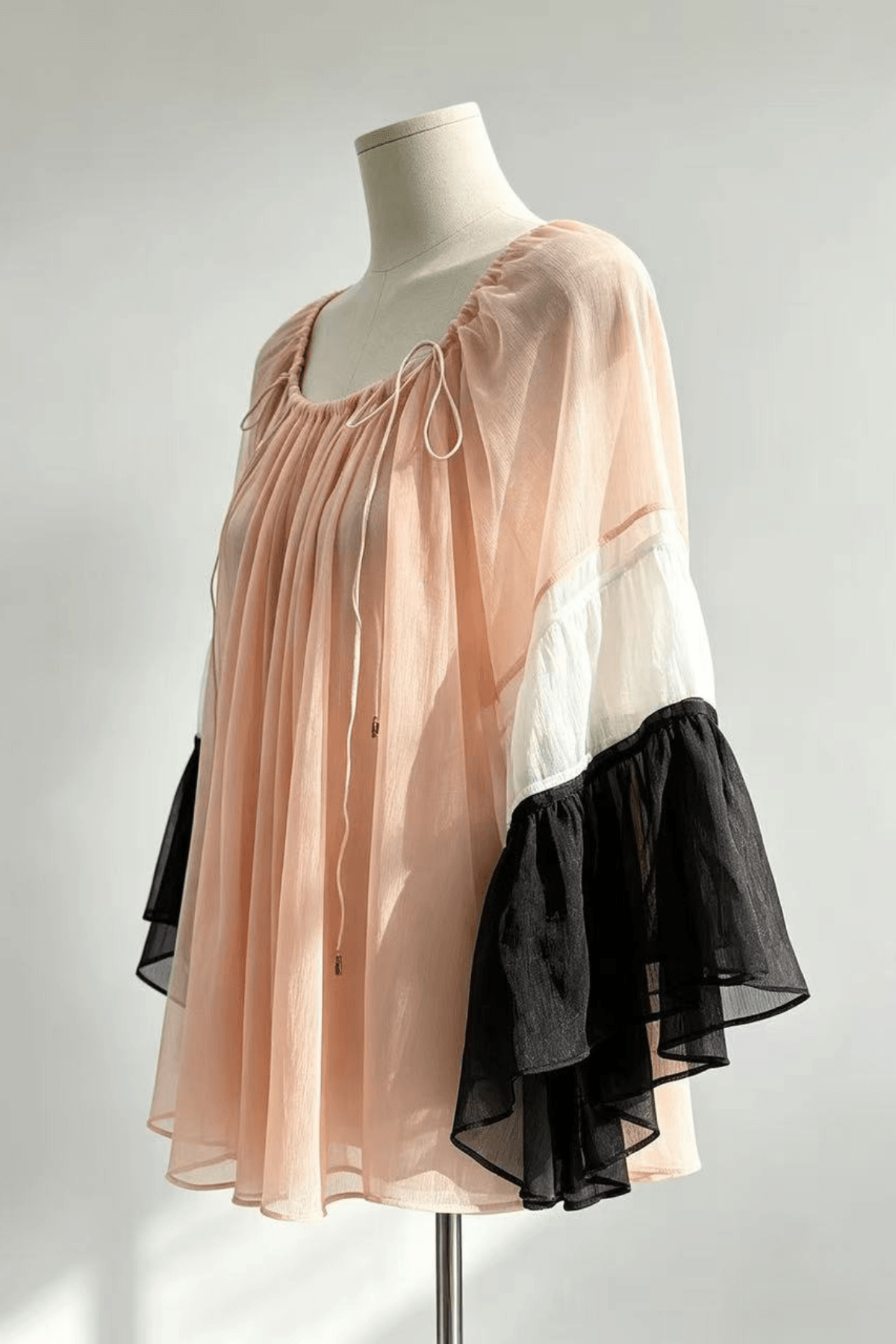 Nola Pink Bell Sleeve Drawstring Neck Sheer Blouse Avalabel
