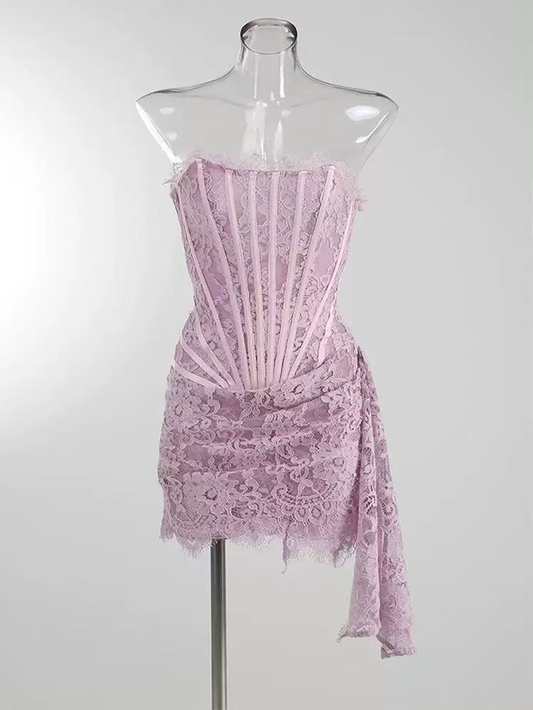 Kellie Strapless Lace Appliques Mini Dress In Light Purple Avalabel