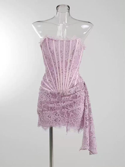 Kellie Strapless Lace Appliques Mini Dress In Light Purple