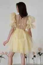 Elara Yellow Puff Sleeve Tulle Mini Dress Avalabel