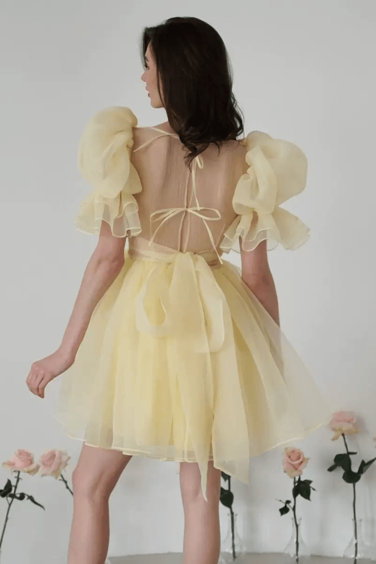 Elara Yellow Puff Sleeve Tulle Mini Dress Avalabel