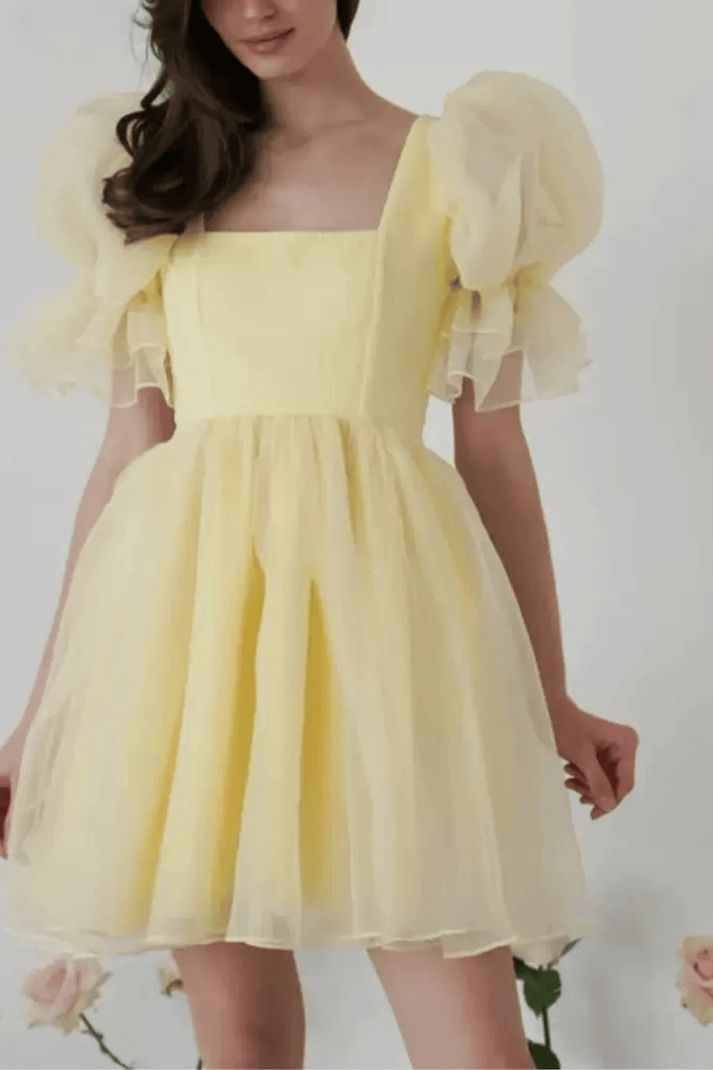 Elara Yellow Puff Sleeve Tulle Mini Dress Avalabel
