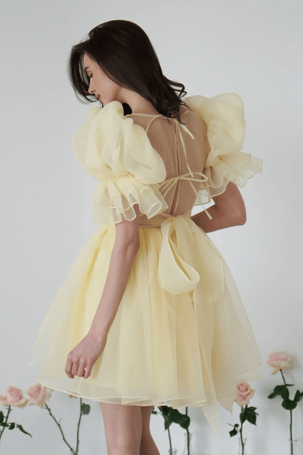 Elara Yellow Puff Sleeve Tulle Mini Dress Avalabel
