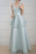 Elisa Blue Satin Tiered V-Neck Dress Avalabel