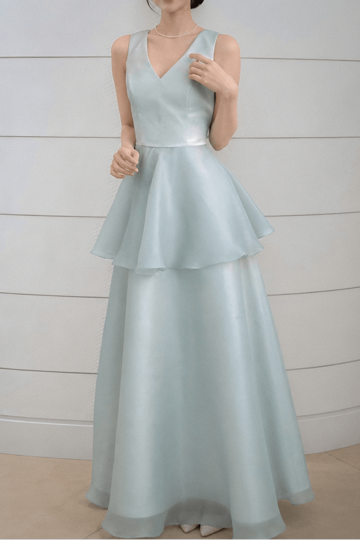 Elisa Blue Satin Tiered V-Neck Dress Avalabel