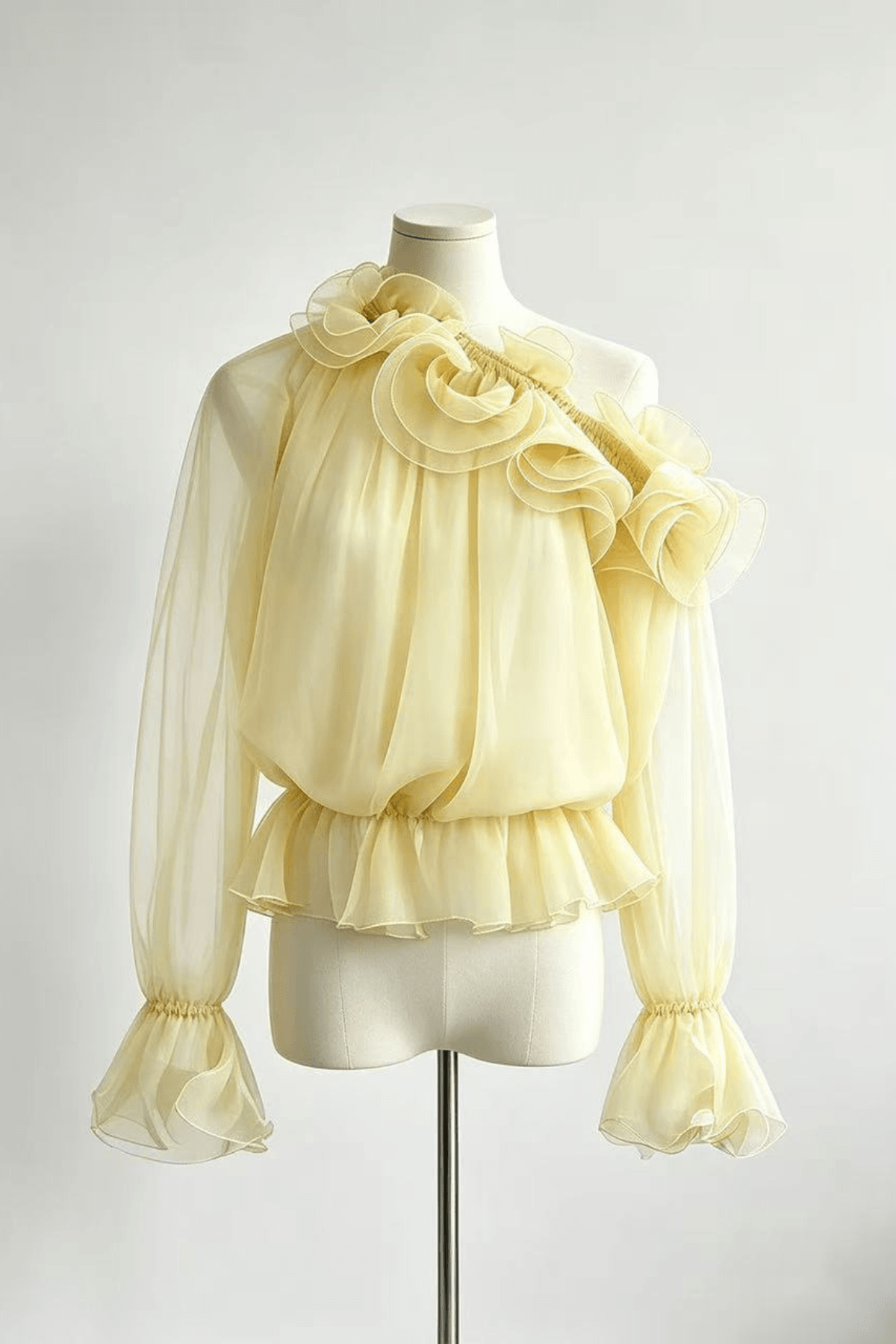 Sienna One Shoulder 3D Ruffle Sheer Chiffon Blouse Avalabel