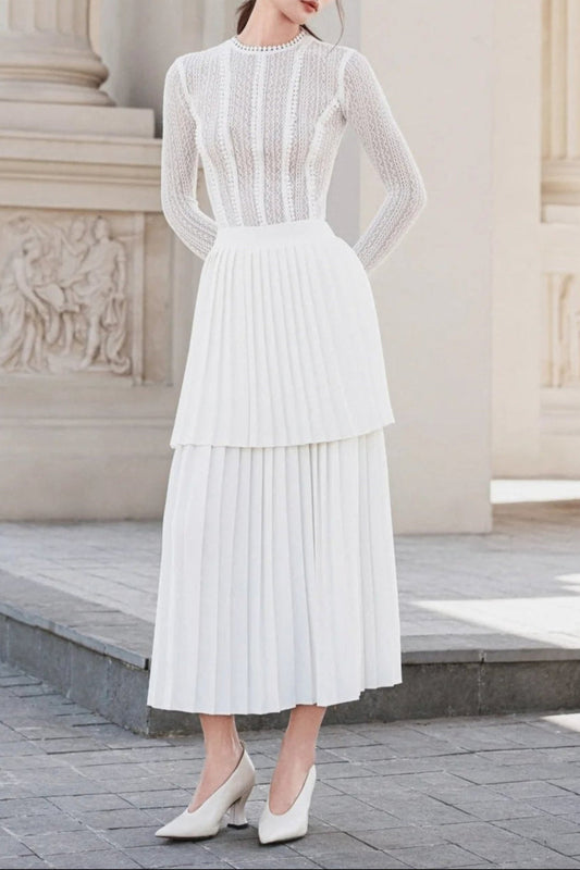Sleeveless Pleated Layer Skirt Suit in White