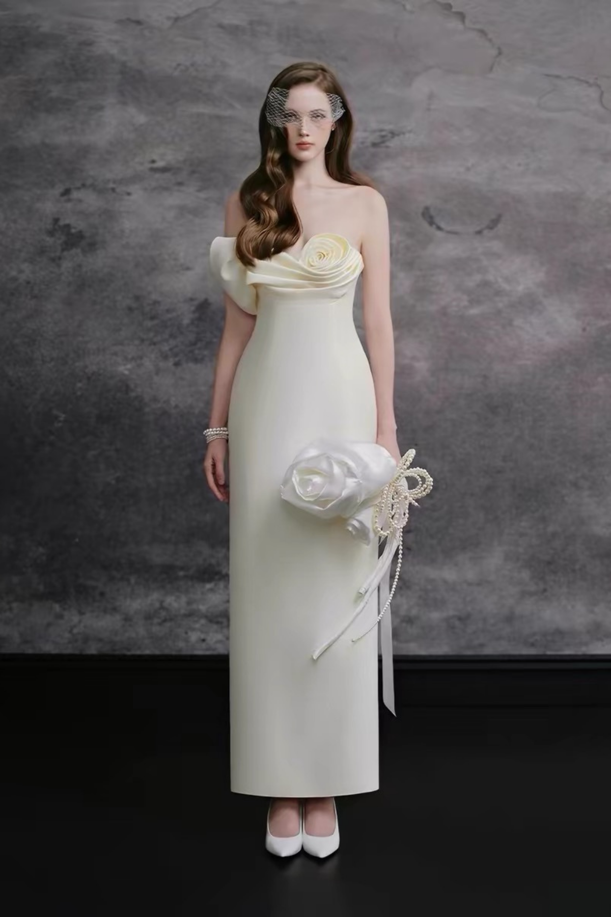 Mary Floral Strapless Satin White Dress Avalabel