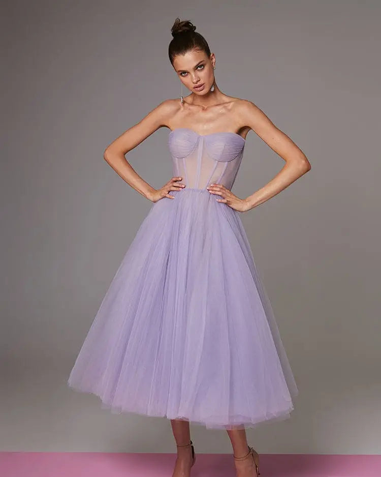 Lavender Strapless Puffy Midi Tulle Dress Avalabel