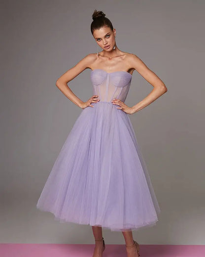 Lavender Strapless Puffy Midi Tulle Dress Avalabel