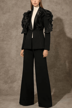 Amie Black Ruffled Satin Lapel Tailored Blazer Avalabel