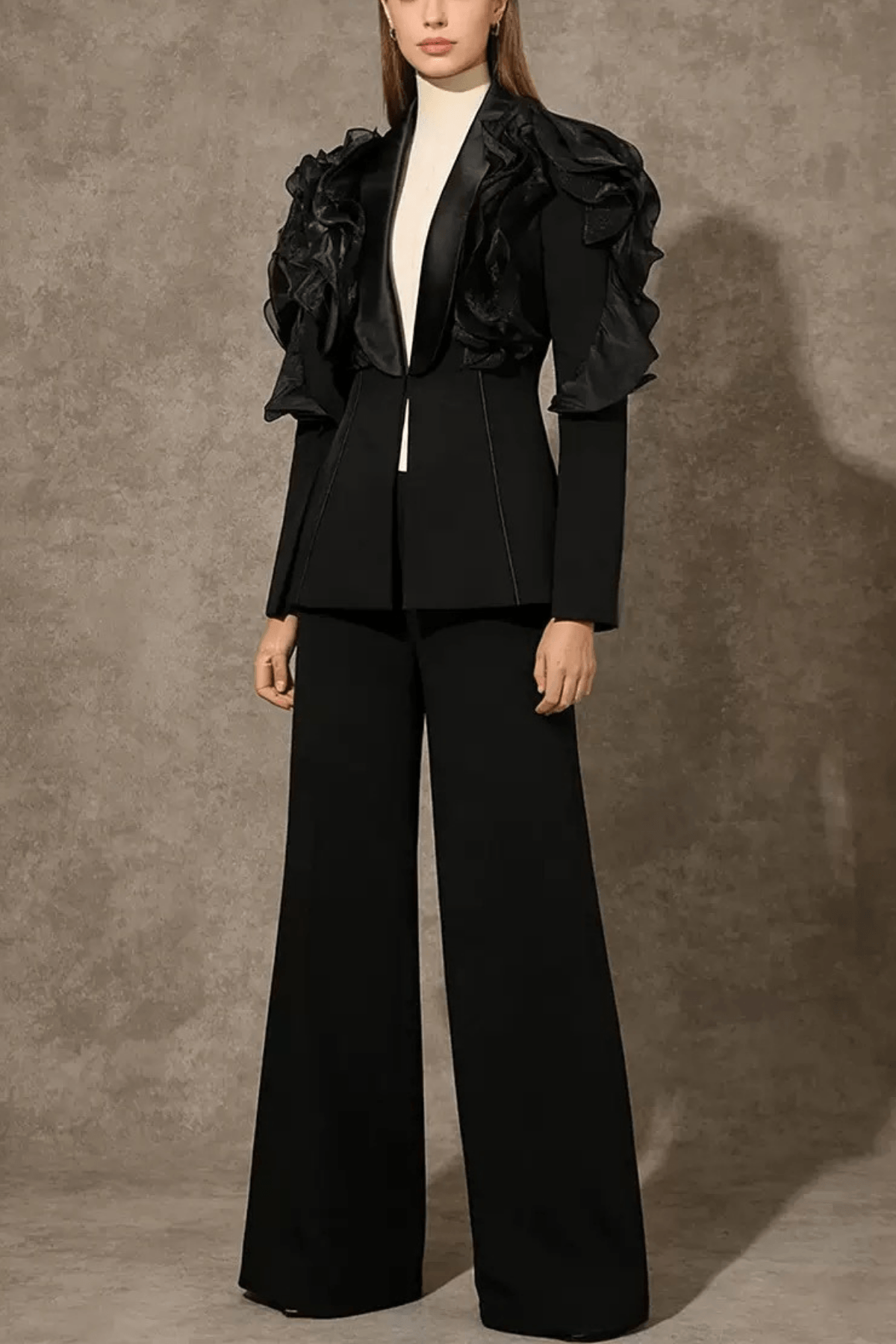 Amie Black Ruffled Satin Lapel Tailored Blazer Avalabel