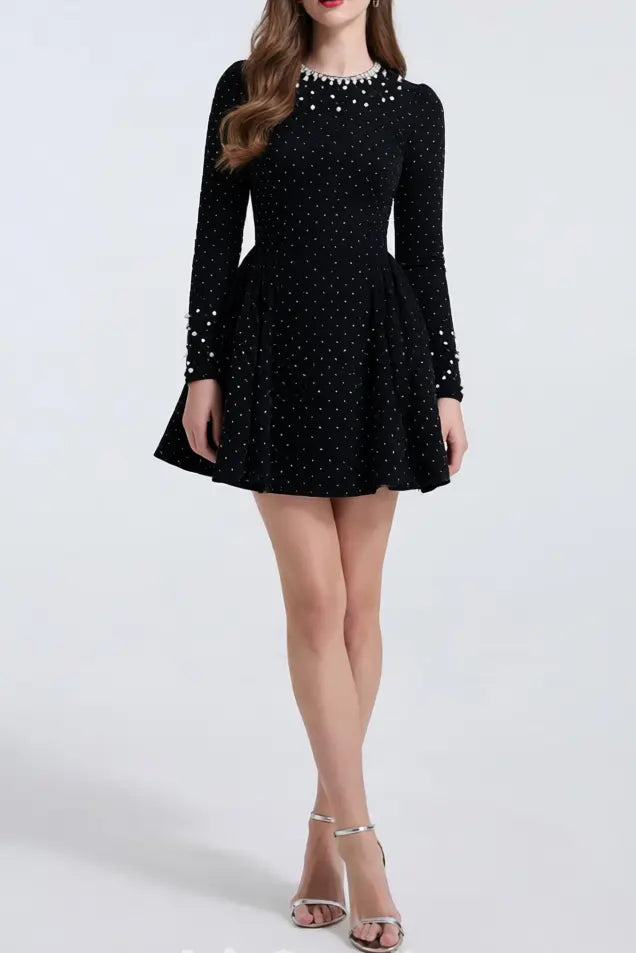 sheila black Beaded rhinestone-embellished flared mini dress Avalabel