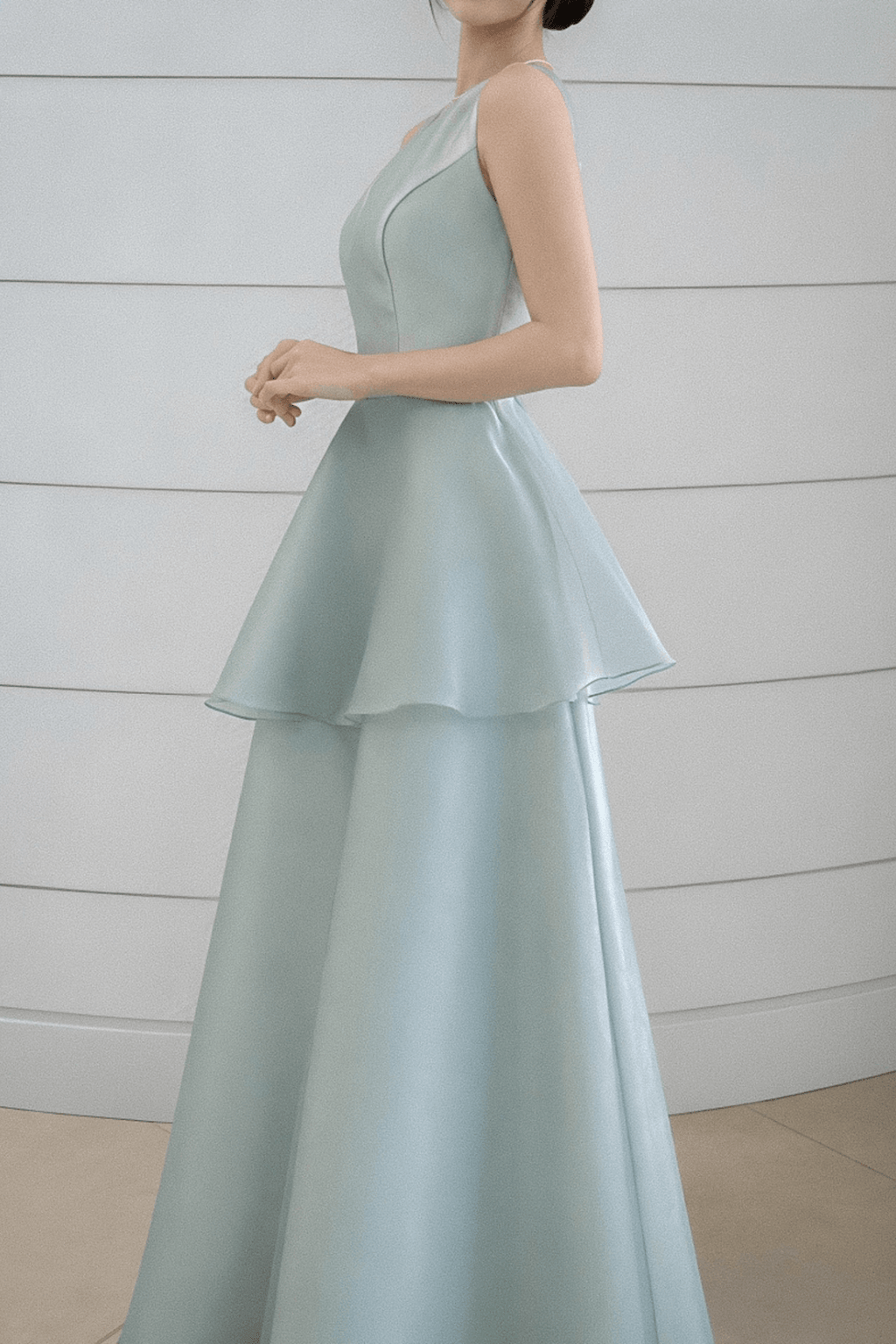 Elisa Blue Satin Tiered V-Neck Dress Avalabel